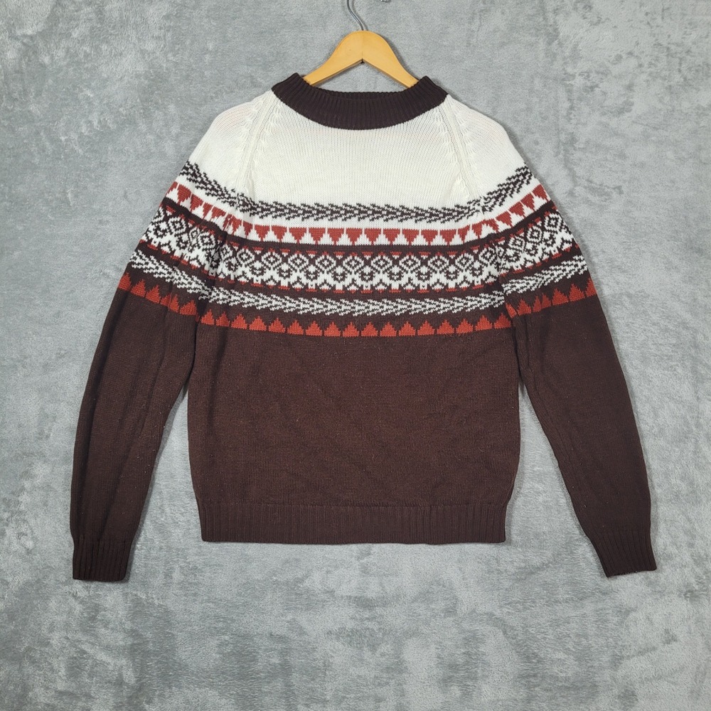 Vintage Kingsport Sweater Mens L Brown Fair Isle Knit Acrylic Pullover Crew Neck